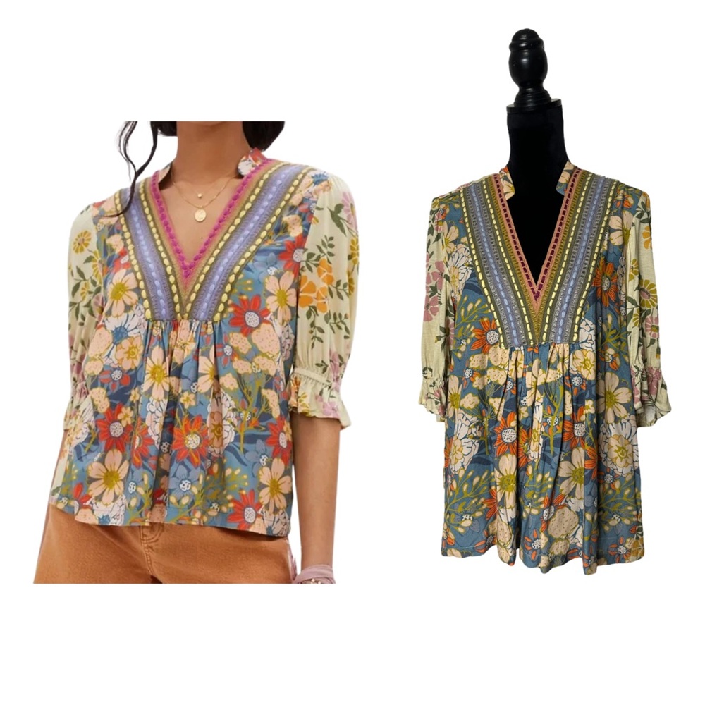Anthropologie Floral V-Neck Mixed-Print Peasant Top — Blue, Green, Cream, Pink